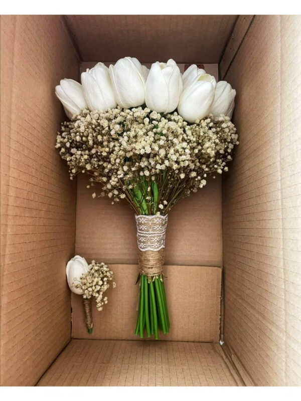 Artificial tulip flower bouquet and dried natural gypsophila