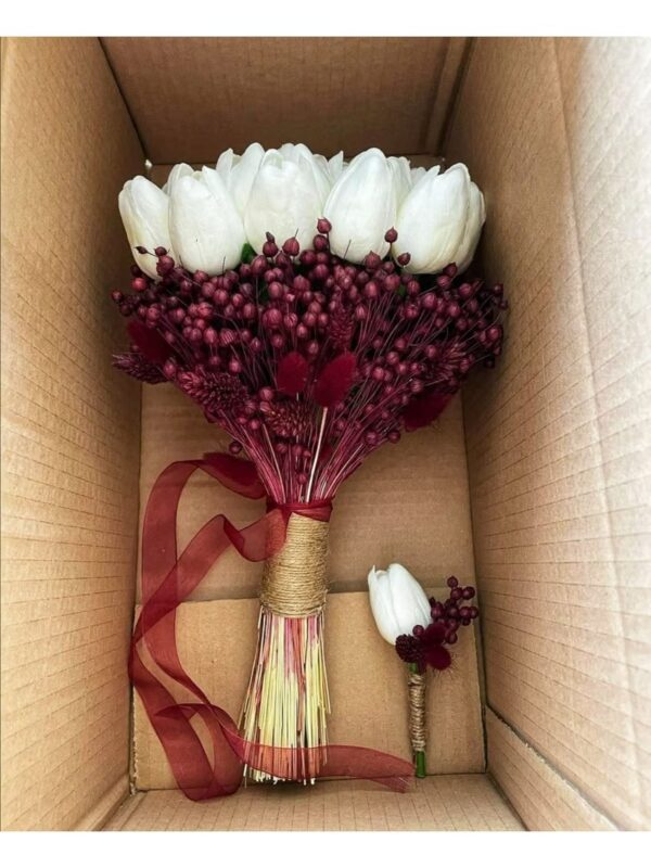 Bouquet of tulips and dried accessories