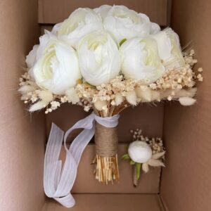 Peony flower bouquet and natural dried gypsophila