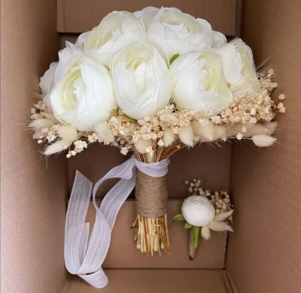 Peony flower bouquet and natural dried gypsophila